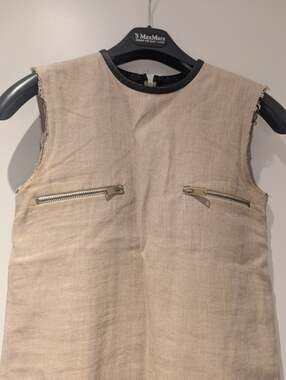 Céline Sleeveless Linen Shift Dress with Lambskin Leather Trim Size 34